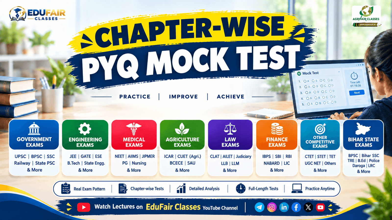Chapter-wise PYQ mock test poster featuring online Previous Year Question practice for BPSC, UPSC, SSC, Railway, Bihar State and other competitive exams